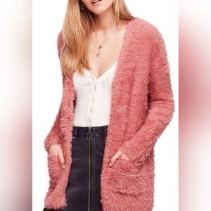 Free People Faux Fur Pink Duster Open Cardigan Sweater Teddy Plush size XS